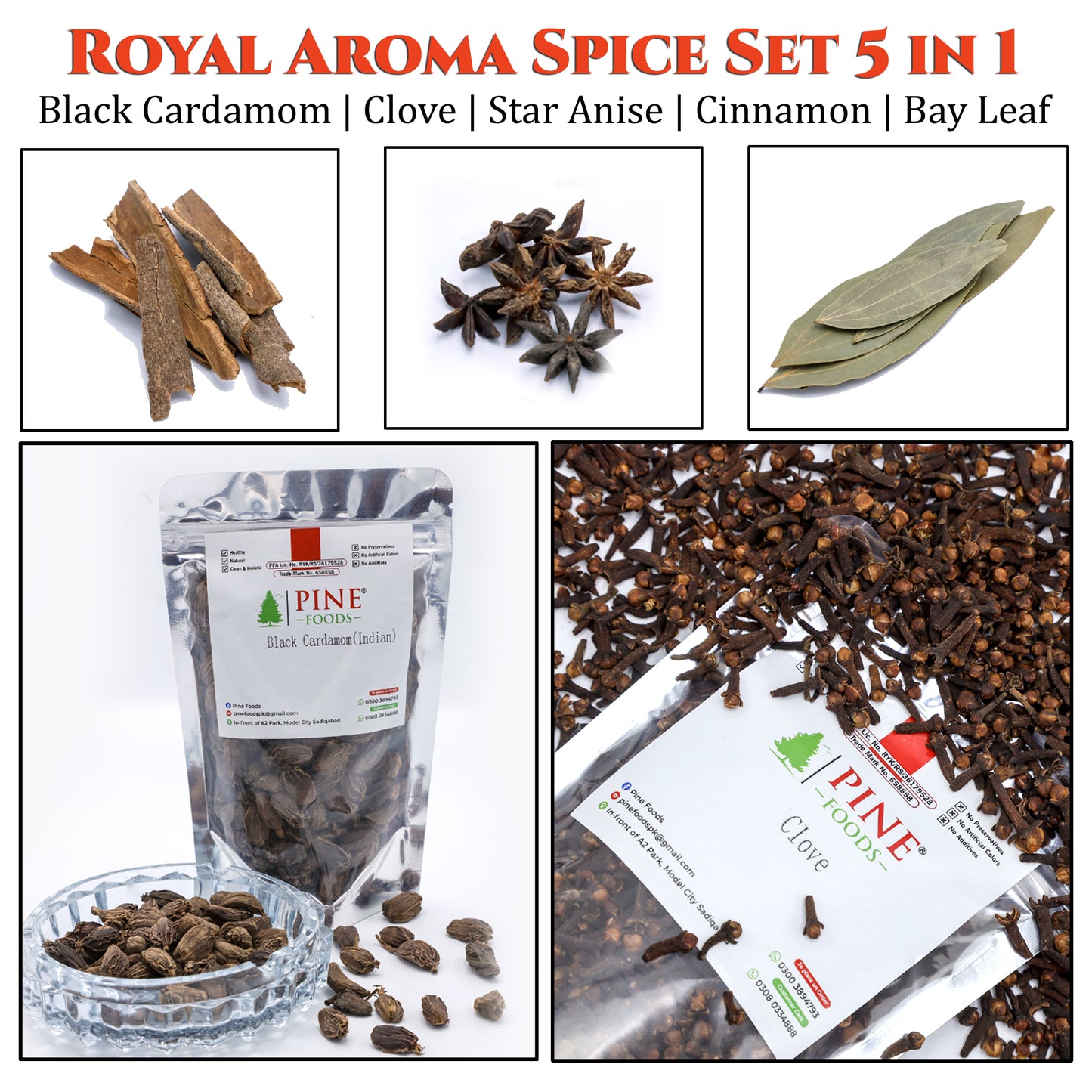 Royal Aroma Spice Set –5 in 1 | Black Cardamom+Clove+Star Anise+Cinnamon+Bay Leaf